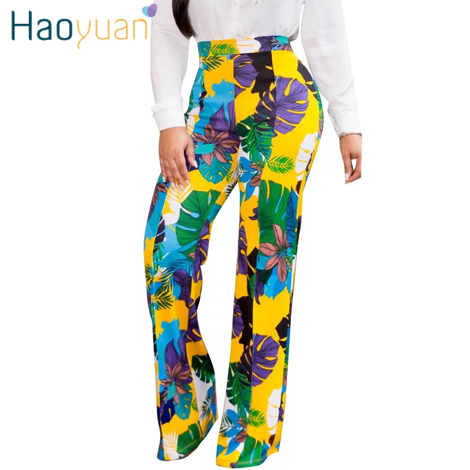 

HAOYUAN Sexy Wide Leg Pants Women 2019 Summer Streetwear High Waist Floral Trousers Casual Straight Plus Size Bohemian Pants