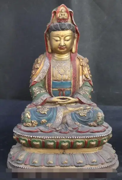 

S01139 13" China Silver Bronze Gilt Painting Sculpture Kwan-yin Guan Yin Goddess Statue B0403
