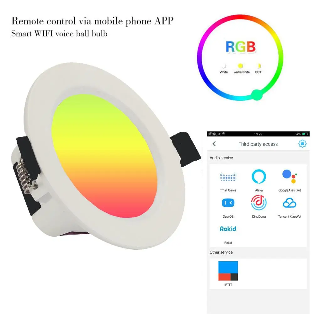 Светодиодный светильник, умный, WiFi, потолочный светильник, приложение, дистанционное управление, светильник, 7 Вт, RGBW, совместим с Tmall Genie Alexa, Amazon Google Home