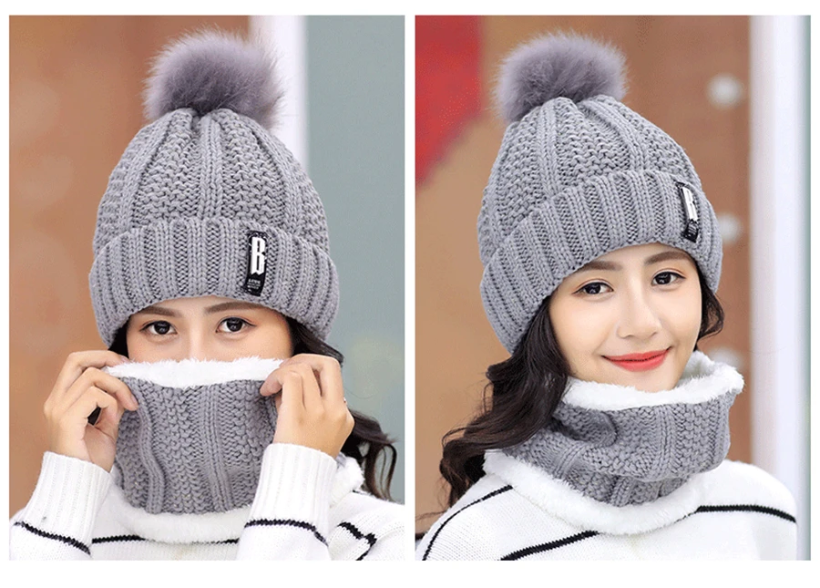 New Brand Winter knit Beanies Hat Women Thick Warm Beanie Skullies Hat Female Letters Bonnet Beanie Caps Outdoor Riding Sets Bib