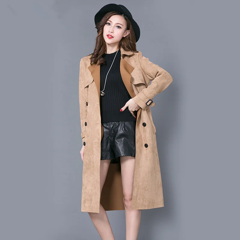 Замшевое пальто для женщин размера плюс 6XL, весенний двубортный Тренч, длинное пальто, ветровка, элегантная верхняя одежда C4057 - Цвет: light tan