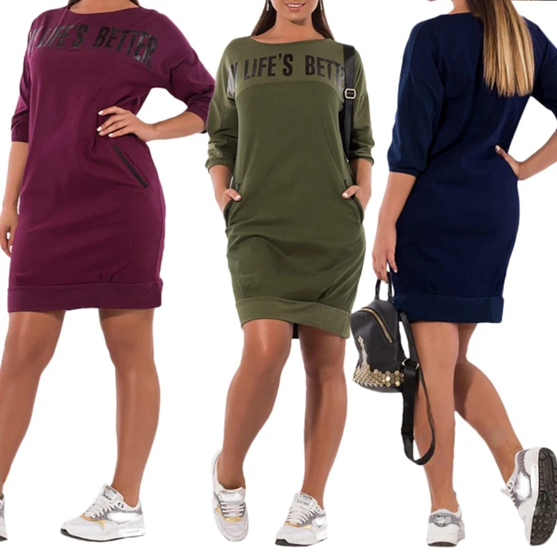 

Fashion Letter Print New Women Dresses Warm Plus Size Casual Elegant Blue Women Clothing