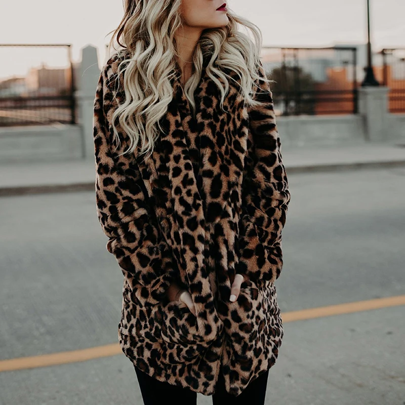 

Luxury Leopard Print Faux Fur Coat Women Winter Thick Warm Fashion Long Sleeve Outerwear Artificial Fur Jacket Plush Clothing