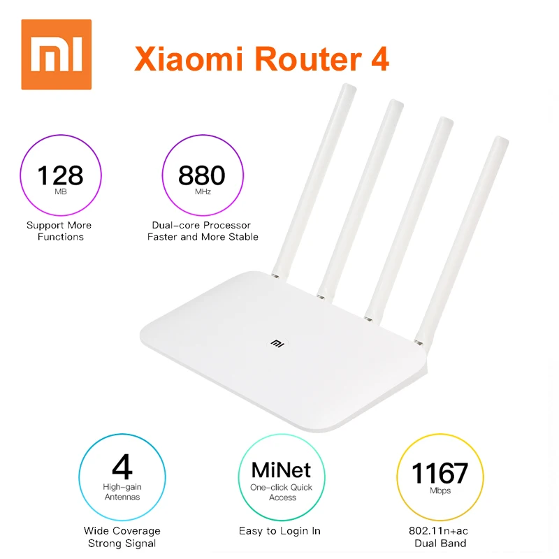 Wi Fi роутер Xiaomi Mi Router 4 повторитель сигнала 1167 Мб/с два ядра диапазона 2 ГГц и 5 802.11ac