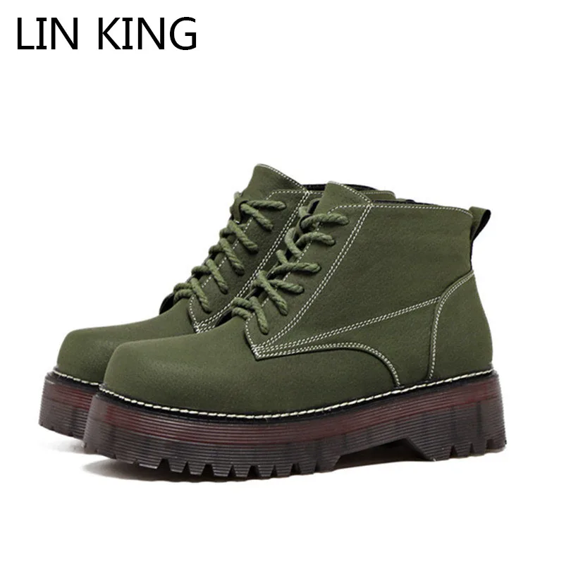 

LIN KING Spring Women Casual Shoes Army Green Nubuck Leather Lace Up Platform Round Toe Ankle Boots Motorcycle Boots Martin Boot