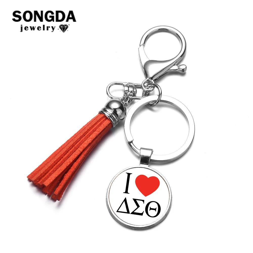 

SONGDA Leather Tassels Keychain Greek Greece Sorority Fraternity Organization Delta Sigma Theta Symbol Round Pendant Keyrings