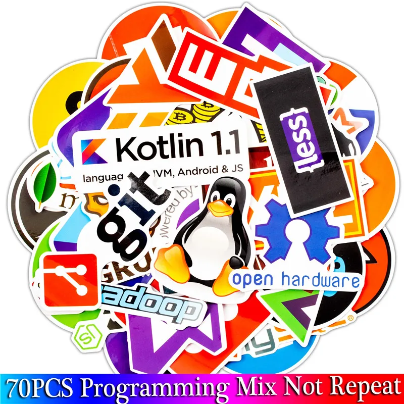 70 Pcs Java Internet JS Php Docker Bitcoin Html Cloud Programming Language APP Logo Funny Stickers For Laptop Car DIY Stickers