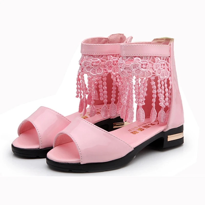 Girls Summer White Pink Tassel Sandals Boots For Teens Girls School Beach Princess Sandals Shoes 5 6 7 8 9 10 11 12 Years New