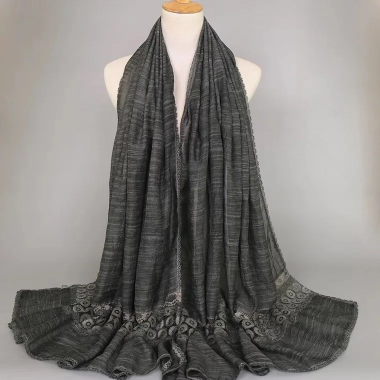 Новейший дизайн, женский простой хиджаб с кружевом, полый цветок, шарф с вышивкой, головной убор, мусульманская кашне накидка