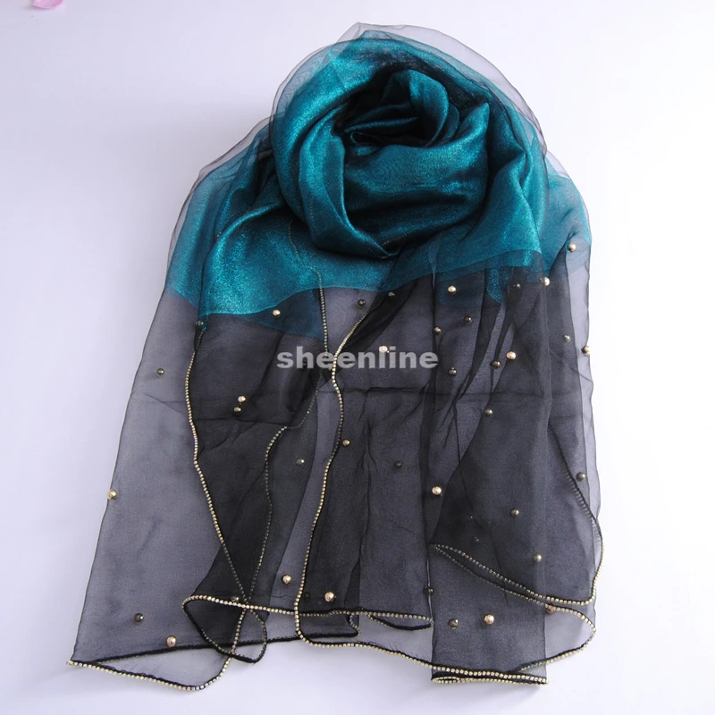 

17 Colors High Quality Double Layer Silk Organza Beading Long Scarf Autumn Winter Warm Wrap Embroidery Ethnic Pashmina