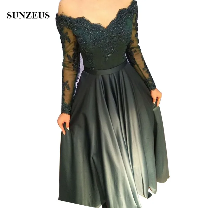 Dark Green Bridesmaid Dress With Long Sleeves Off Shoulder A line