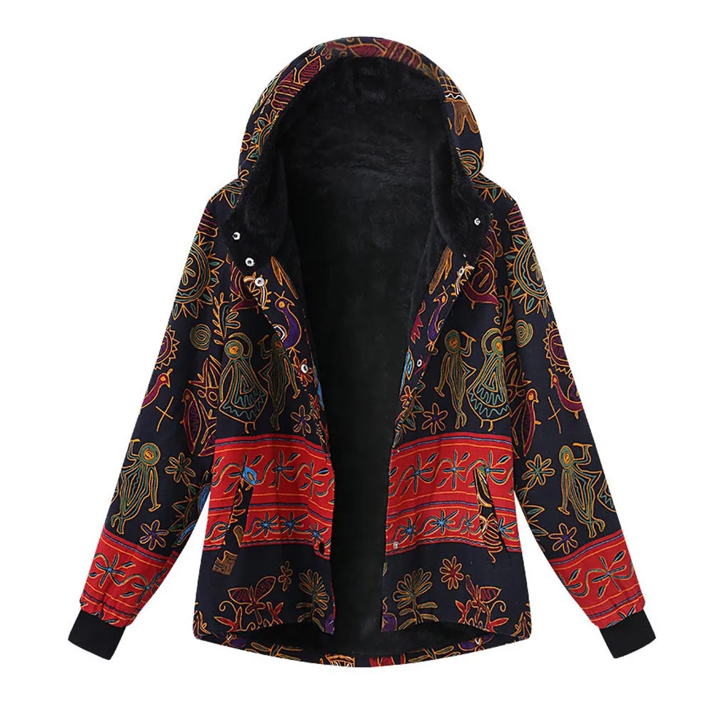 

Outerwear & Coats Jackets Women Winter Loose Cotton Warm Printed Pockets Thicker Hasp Hooded coats and jackets women 2018Sep20