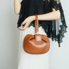 Elegant Genuine Cow Leather Women Round Dumpling Bag Small Clutch Purse Evening Wrist Bag Ladies Top-handle Handbag Classic Hobo
