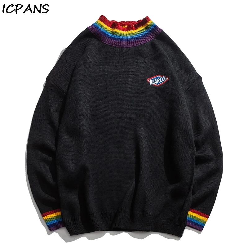

ICPANS 2019 Winter Loose Style Sweater for Men High Street Sweaters Rainbow Collar Pullover Men's Sweater Black White