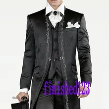 Модные Стиль черный Вышивка жениха Смокинги для женихов Для мужчин свадебные костюмы для выпускного Жених(куртка+ Брюки для девочек+ жилет) k: 1018