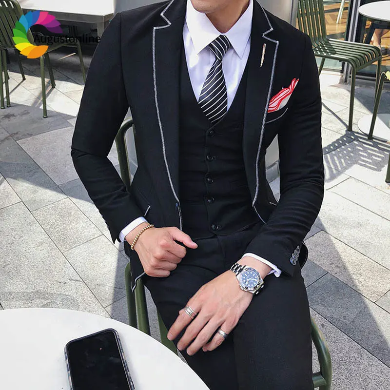 High Street Custom Made Black Men Suits White Lapel Wedding Suits Groom Tuxedo Fit Prom Wear Man Blazer 3Piece Jacket Pants Vest