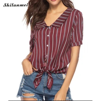 

Vintage Striped Blouses Women New Design Elegant Retro Burgundy Blousa Mujer Turn-Down Neck 2019 Short Sleeve Shirts Female