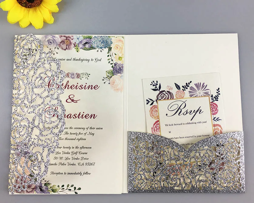 

1pcs Burgundy Navy Blue Rose Gold purple Vantage Tri-fold Shinny Glitter Paper Laser Cut Pocket Wedding Invitation Card Envelope