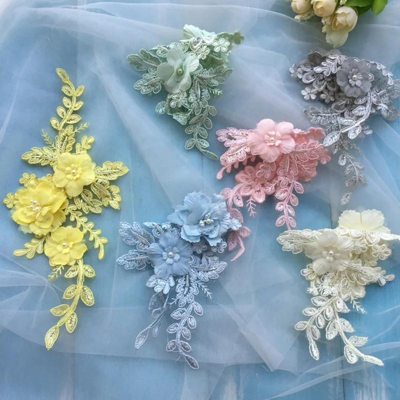 

2Pieces Yellow Pink Green Pearls Flower Beads Lace Applique Wedding Bridal Trim Embroidery Accessories 3D Sew On Appliqued