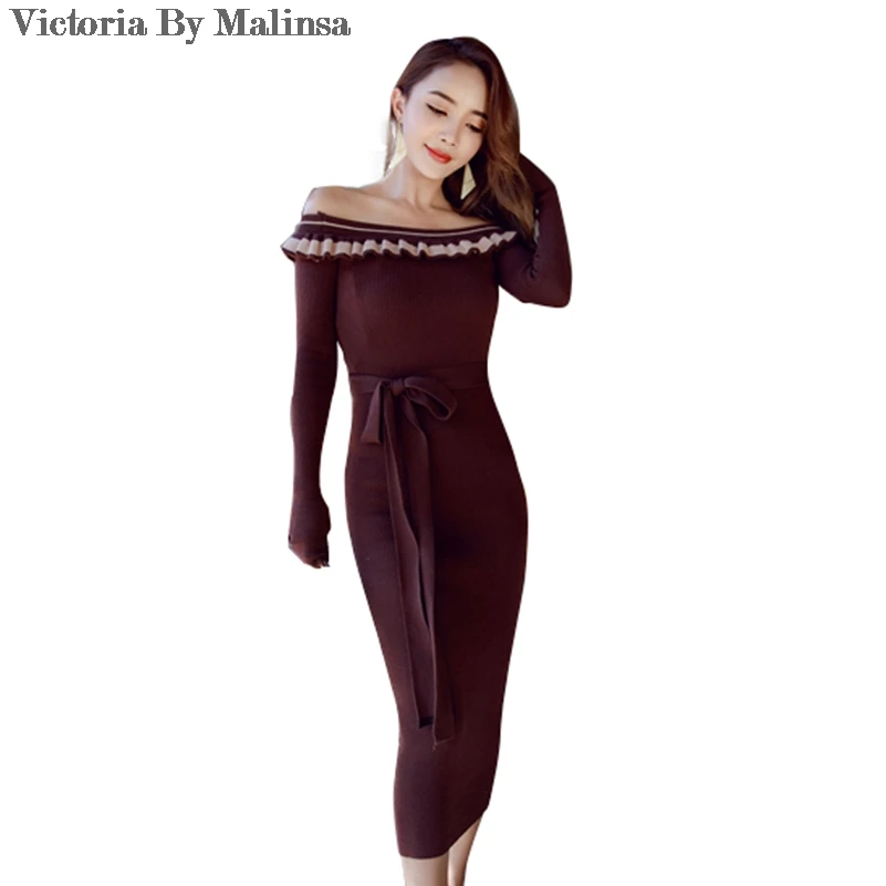 

2018 Slim Bodycon Red wine Knitted Sweater Black Ankle-Length Dresses Long Sleeve Off Shoulder Slash Neck Sexy Club Women Dress