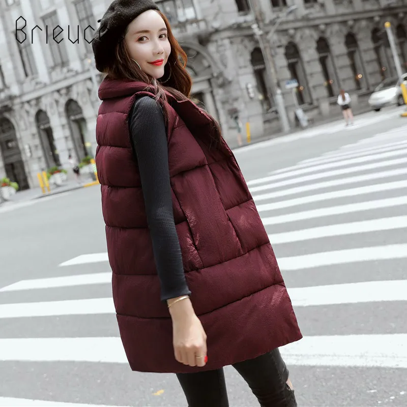 

Brieuces 2018 Long Vest Winter Coat Women Sleeveless Jacket Slim Female Quilted Coat Femme Korean Waistcoat Colete Cotton Padded