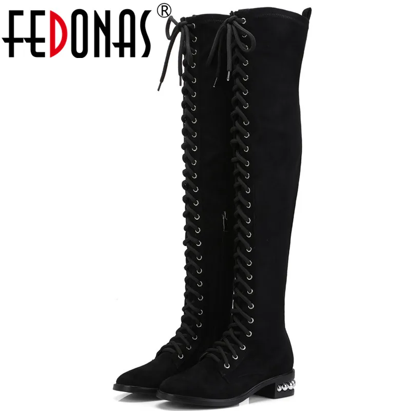 

FEDONAS 1Fashion Women Over The Knee Boots Autumn Winter Warm Square Heels Shoes Woman Round Toe Cross-tied Casual Punk Shoes
