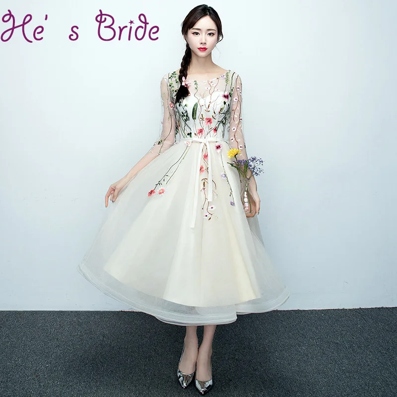 

Clearance Sale Embroidery Lace Evening Dresses Tea-length Lace Up Party Prom Gowns 3/4 Sleeved Cheap Formal Dresses Vestido De Novia