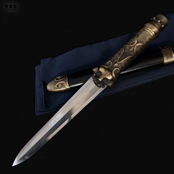 

DAMASCUS FOLDED STEEL BLUE BLADE HAND MADE CHINESE SWORD ALLOY HANDLE Short Sword Dagger Knife Sharp Blade Handmade