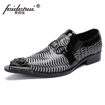 

Italian Pointed Toe Slip on Striped Handmade Loafers Metal Tipped Man Formal Dress Patent Leather Men Wedding Party Shoes SL466