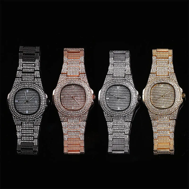 

Hip Hop Mens Watches Date Quartz Wrist Watches Gold Color Stainless Steel Watch Link Chain Bracelet For Men Jewelry