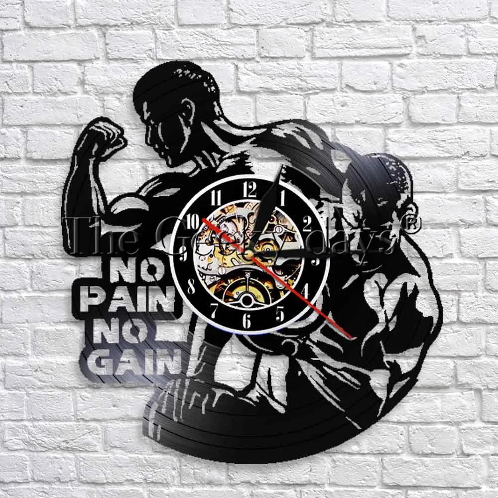 1 шт No Pain no gain светодиодный освещения Bodybuiling Виниловая пластинка настенные часы тренажерный зал Фитнес подвесной светильник 3D подсветкой