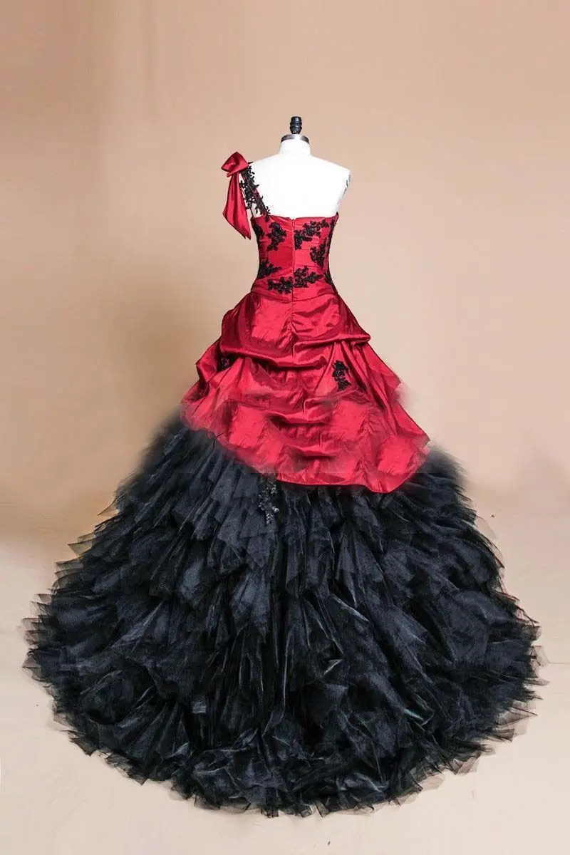 Винтажное бальное платье принцессы Черно-красные готические Свадебные платья на одно плечо 1950 s цветные свадебные платья небелые на заказ