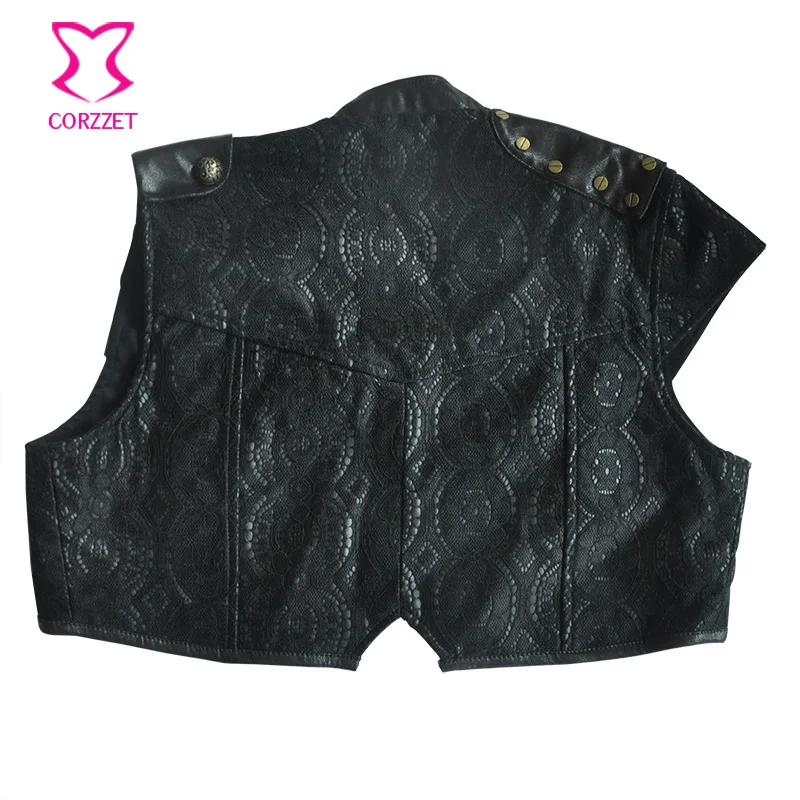 Greatest  Retro Punk Black Floral Lace & PU Leather Sleeveless Gothic Jacket Women Short Bolero Outwear Women