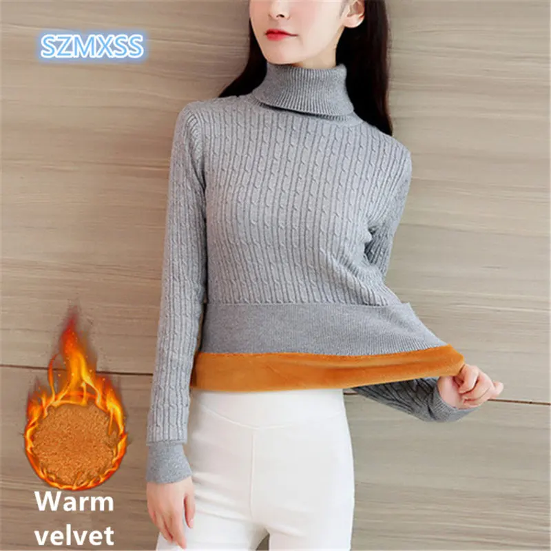 Autumn winter Women Knitted Sweaters Pullovers Turtleneck Long Sleeve Solid Color Slim Elastic Add velvet Short Sweater | Женская одежда