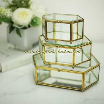 

European style Glass display box Preserved Fresh Flower case candy bar decoration craft cupcake box brass metal mirror botton