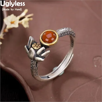 

Uglyless Handmade Real 925 Stering Silver Lotus Rings for Women Natural Agate Jade Open Rings Ethnic Thai Silver Fine Jewelry