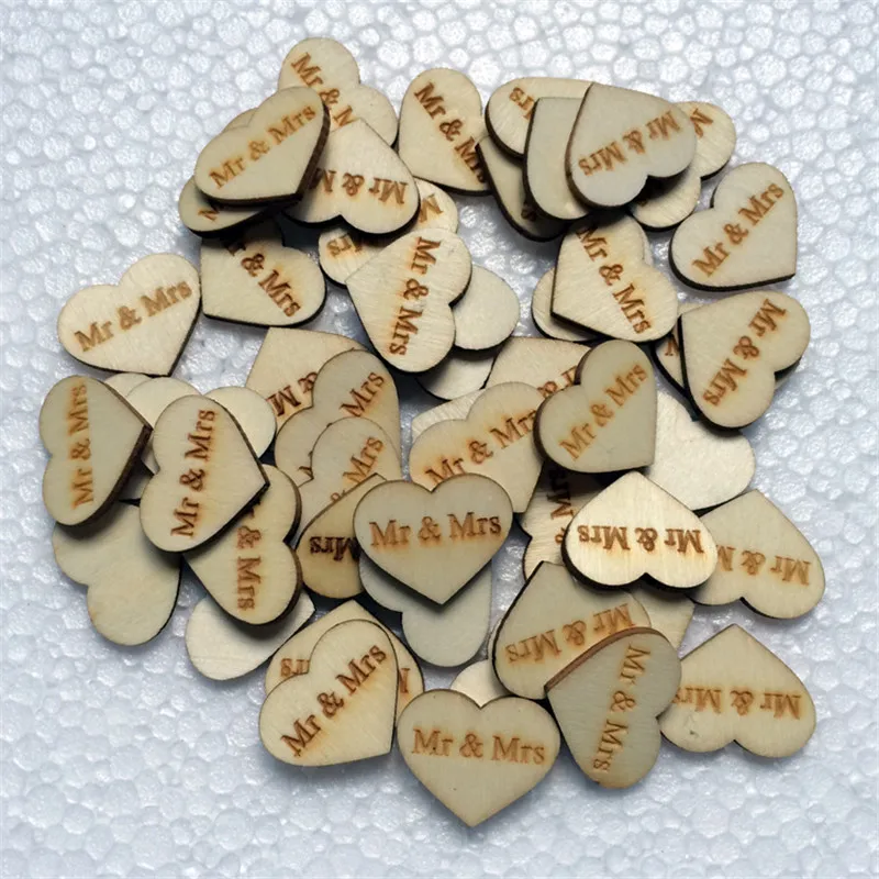 

50PCSPack Mr.&Mrs. Wood Wooden Crafts Love Heart Shape Wedding Table Scatter Decoration Words Letter Pattern DIY Crafts
