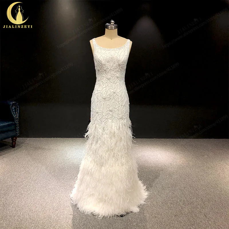 

2019 Rhine Sexy open Back Pearls Mermaid hot sale feathers bridal wedding dress wedding gown