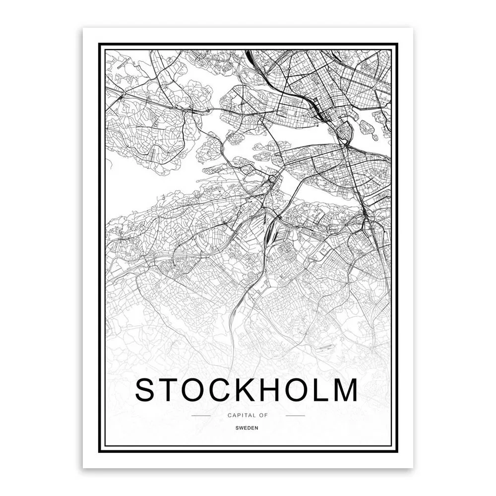 Черно-белые карты мира, города, шёлка, постеры, принты в скандинавском стиле, для гостиной, настенные художественные картины, Декор, холст, живопись - Цвет: Stockholm
