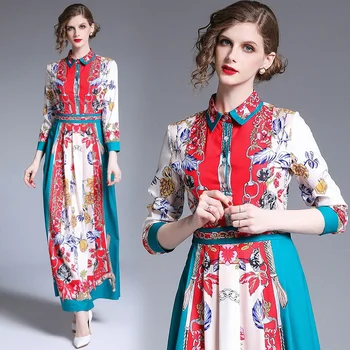 

womens woman ladies Designer spring summer Vintage 3/4 sleeves Floral runway Slim A-Line party long maxi Swing office work dress