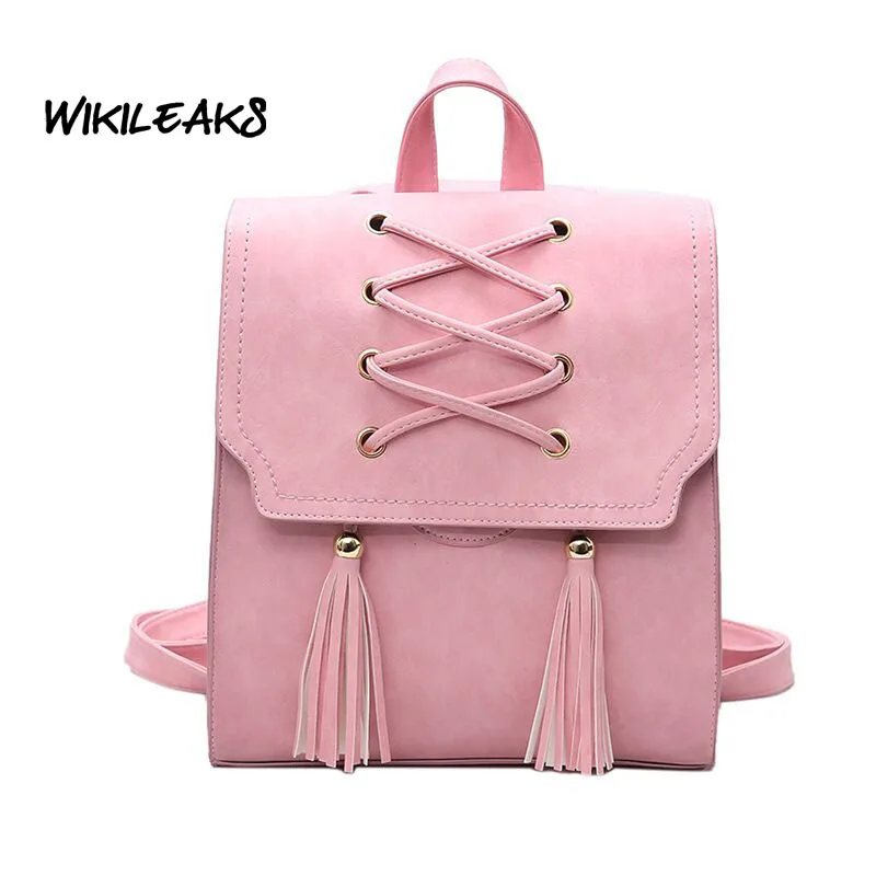 WIKILEAKS Fashion Tassel Square Girls Backpack Scrub PU Leather Women Backpacks Fashion School Bags for Teenagers