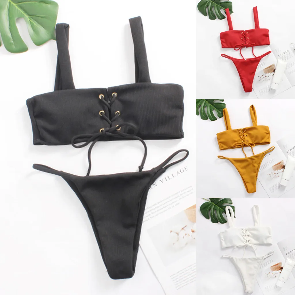 

Swimwear Women 2019 One Piece Plus Size High Waisted Pure color Tube up Two Pieces Bikini Push-Up Swimsuit Swimwear Beachwear
