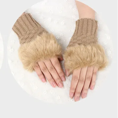 Зимние женские теплые стильные перчатки, вязаные перчатки из искусственной шерсти, перчатки без пальцев из кроличьего меха, женские перчатки на запястье, подарок - Цвет: Tan