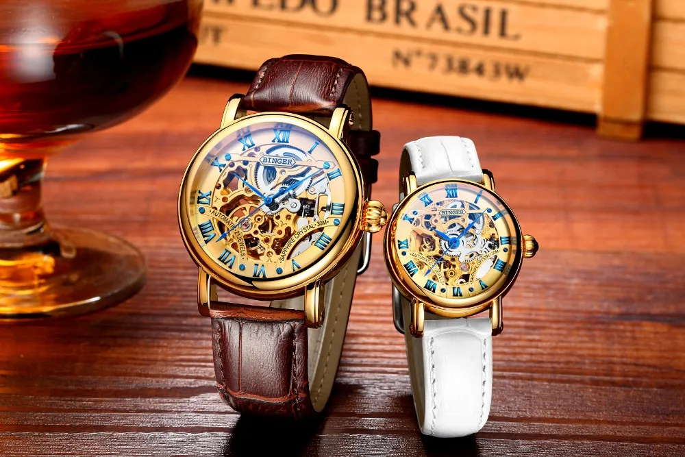 BINGER Luxury Gold Automatic Watches Skeleton Fashion Business Watch Men Mechanical Wristwatch Full Steel relogio masculino