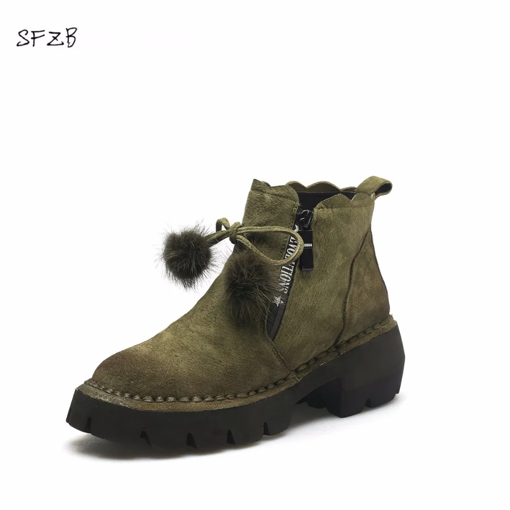 

SFZB 2018 Women Fashion Zipper Design Ankle Boots Square High Heel Pointed Toe Cow Suede Ladies Motorcycle Boots