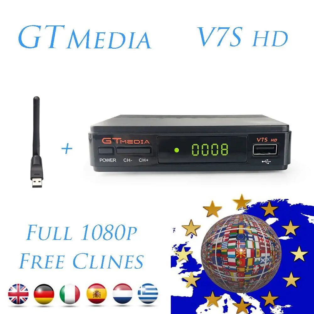 Горячая спутниковый ТВ приемник gt медиа V7s DVBS2 Европа Cline freesat v7s HD ТВ приемник с USB Wifi Поддержка PowerVu Biss ключ