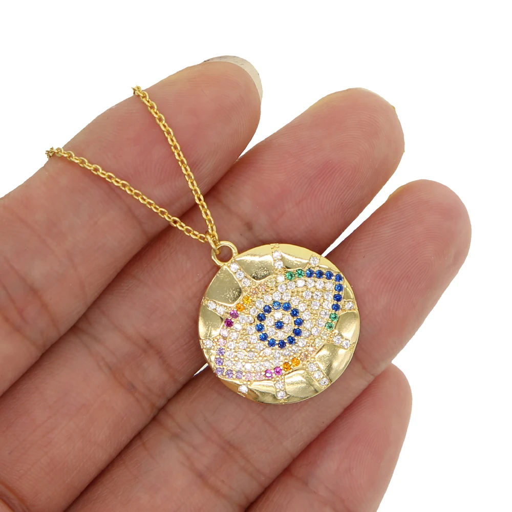 2024 Turkish Colorful Evil Eye Lucky Women Ladyes Gift Rainbow Cz Stone Trendy Round Coin Pendant Necklace Jewelry