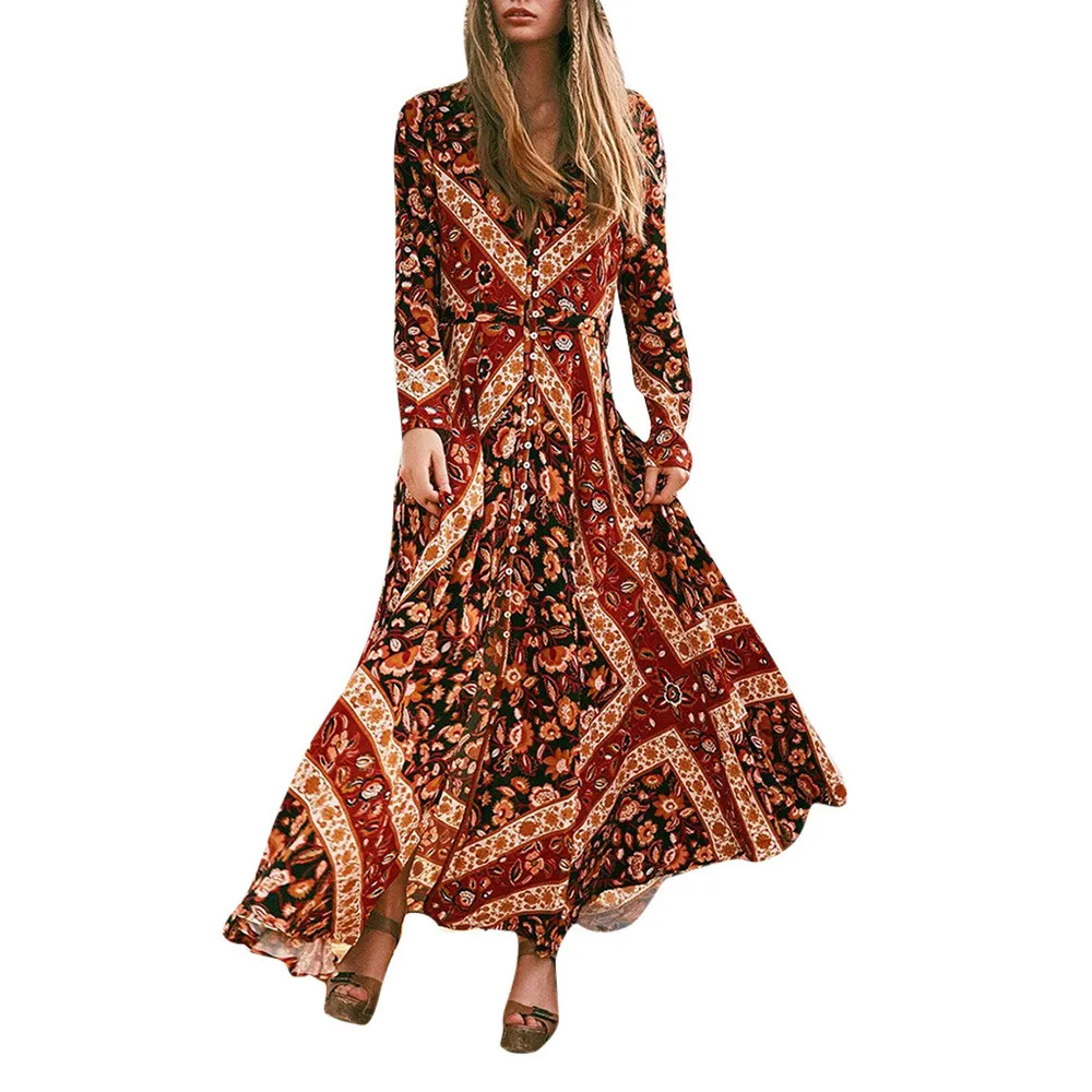 

Dress Women Plus Size Sexy Vintage Bohemia Long Sleeve Button V-Neck Long Fork Boho Dress Vestidos Moda Mujer 2019 Ropa