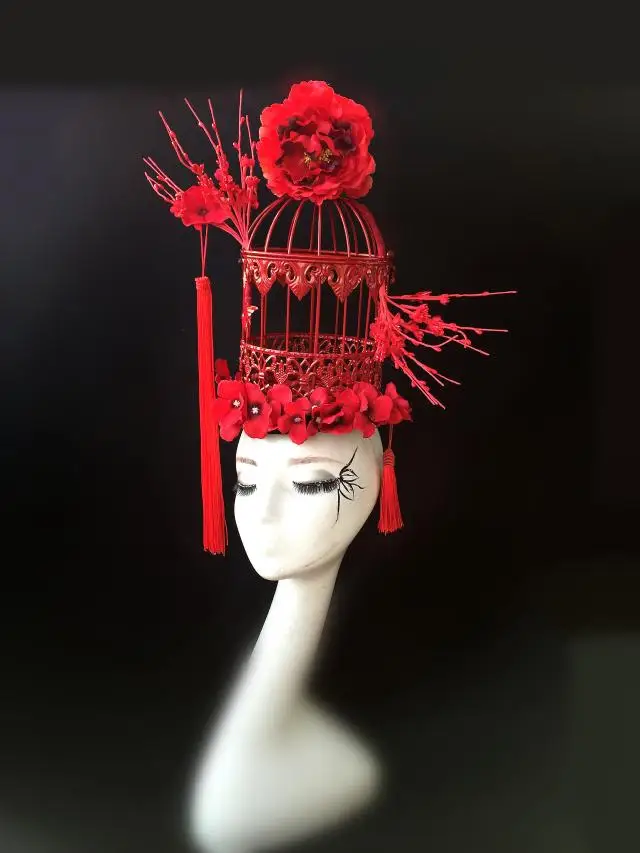 Китайский красный пользовательский подиум модель игра головной убор Макияж Стиль головной убор аксессуары для волос - Цвет: Bird cage