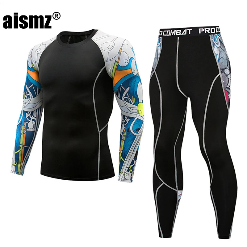 Aismz Men Thermal Underwear Sets Fashion Printing Compression Fleece Sweat Quick Drying Thermo Underwear Men Clothing Long Johns men's thermal underwear sets Long Johns